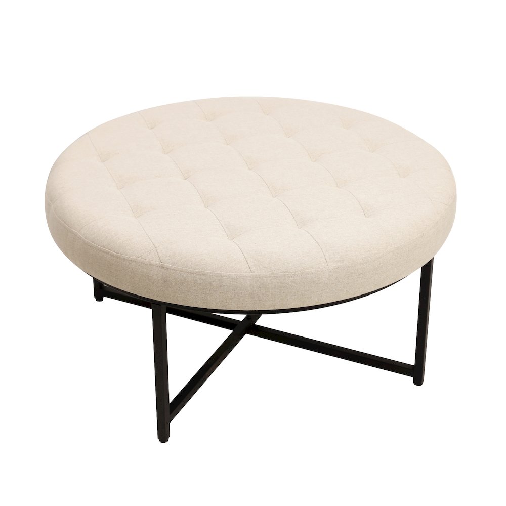 34″ Round Cotton Linen Tufted Ottoman