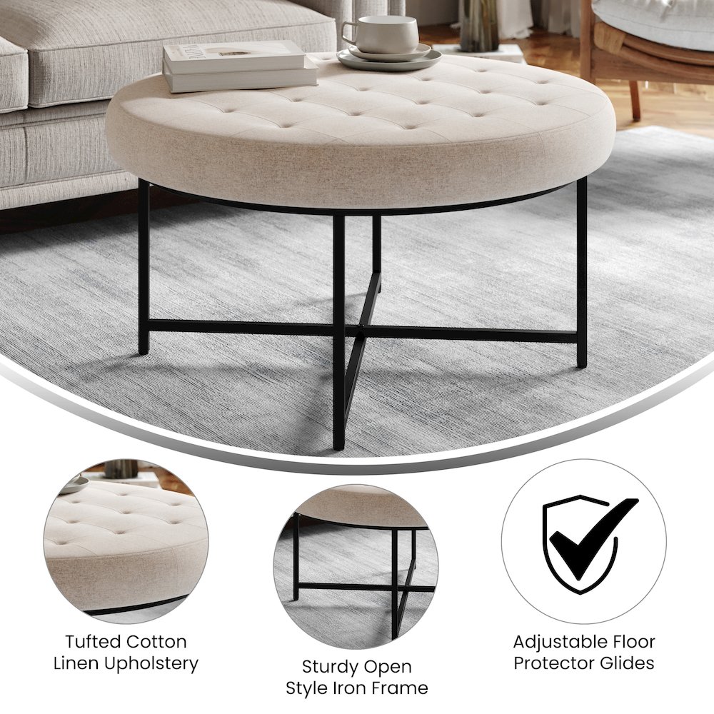 34″ Round Cotton Linen Tufted Ottoman