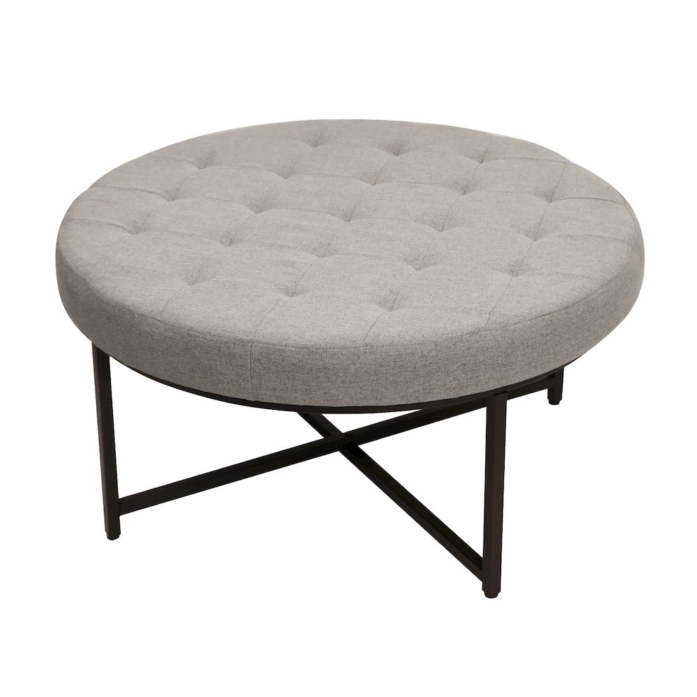 34″ Round Cotton Linen Tufted Ottoman with Metal Frame