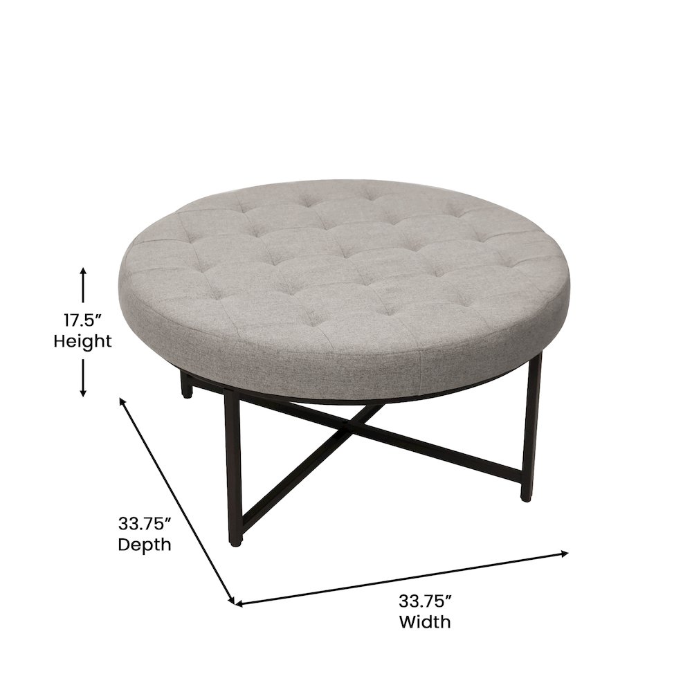 34″ Round Cotton Linen Tufted Ottoman with Metal Frame