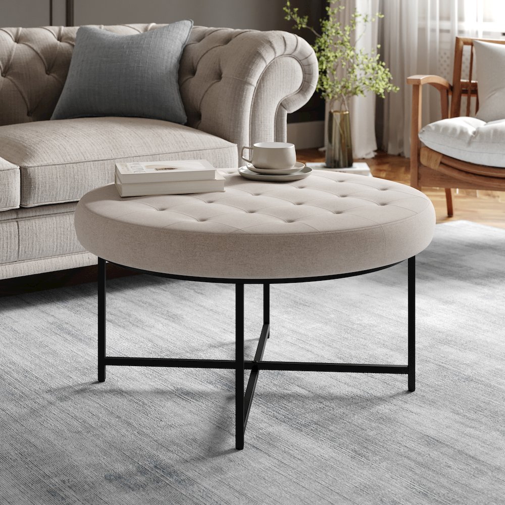 34″ Round Cotton Linen Tufted Ottoman with Metal Frame