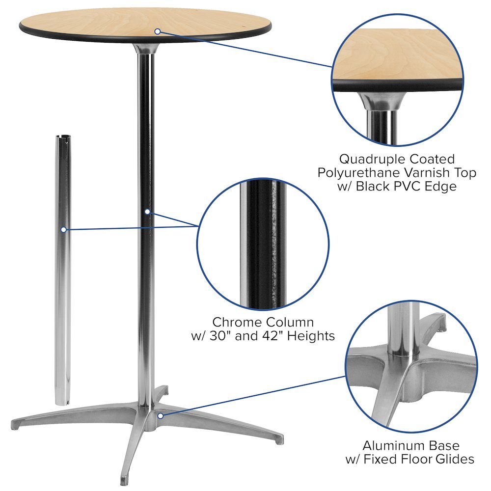 30” Round Wood Cocktail Table with 30” and 42” Columns