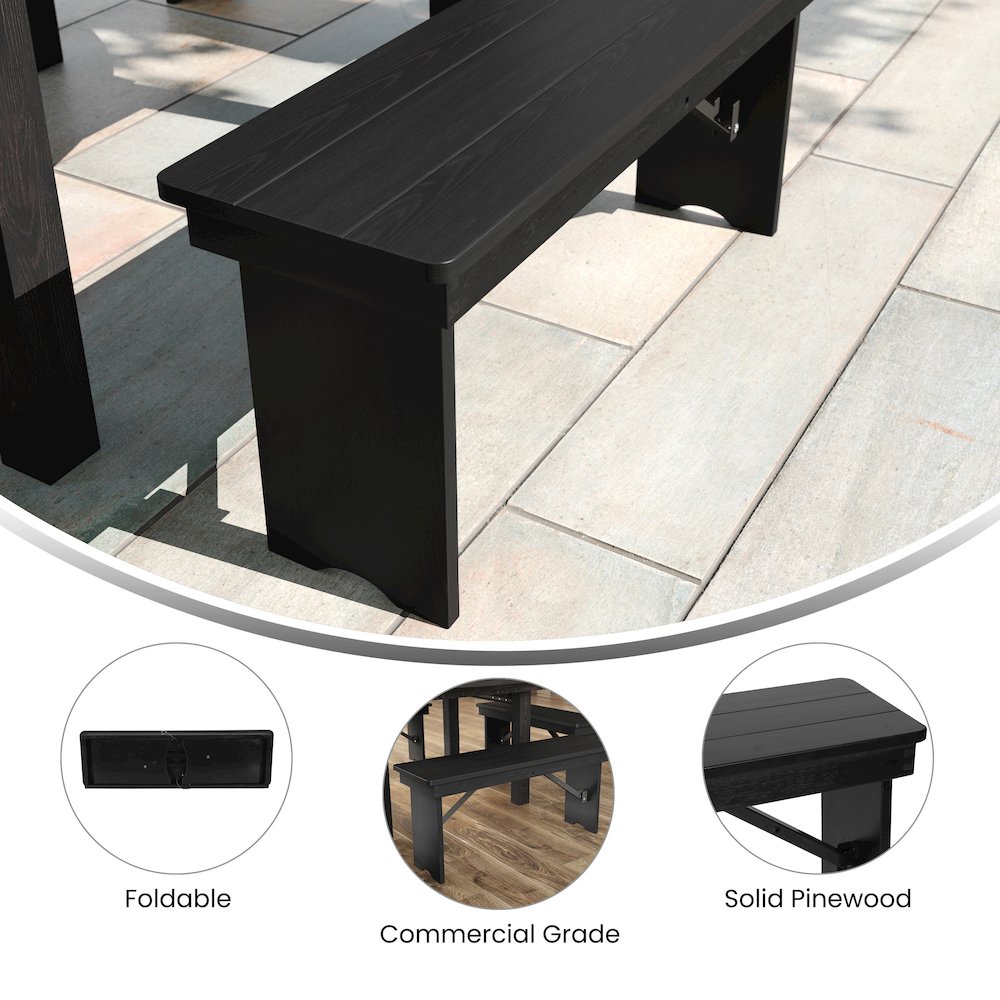 40″ x 12″ Black Wash Antique Solid Pine Farmhouse Folding Bench