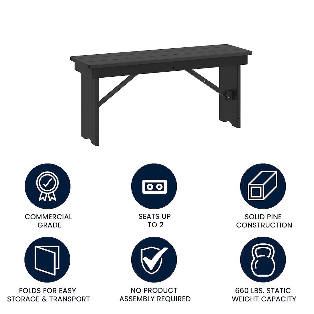 40″ x 12″ Black Wash Antique Solid Pine Farmhouse Folding Bench