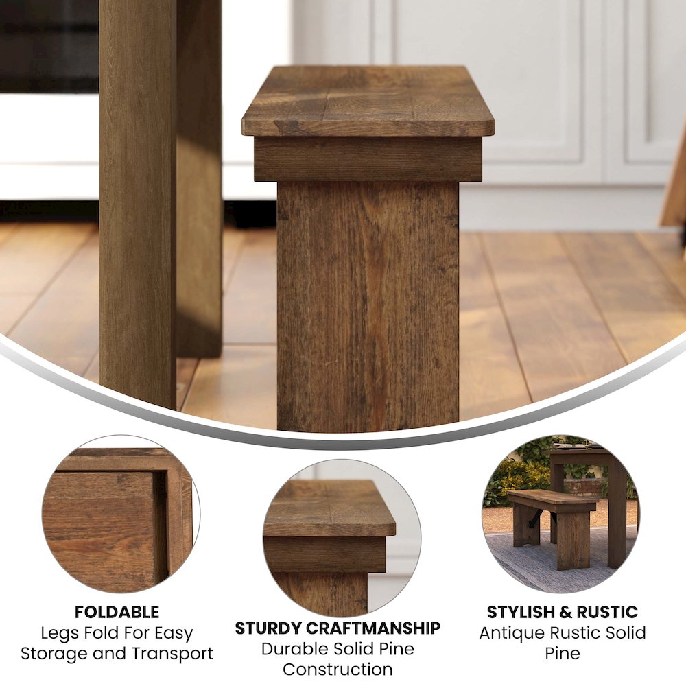 40” x 12” Antique Rustic Solid Pine Folding Farm Bench