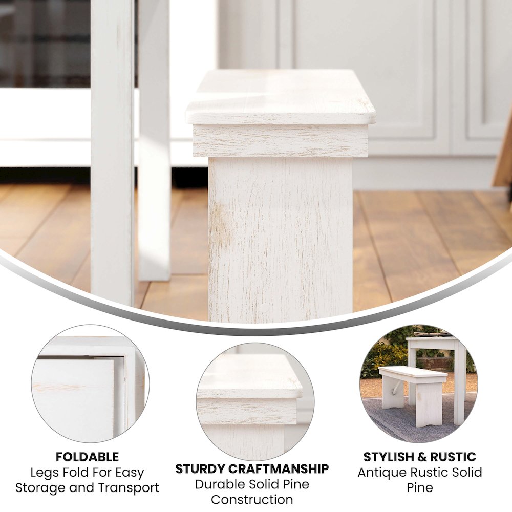 40″ x 12″ Antique Rustic White Solid Pine Folding Farm Bench