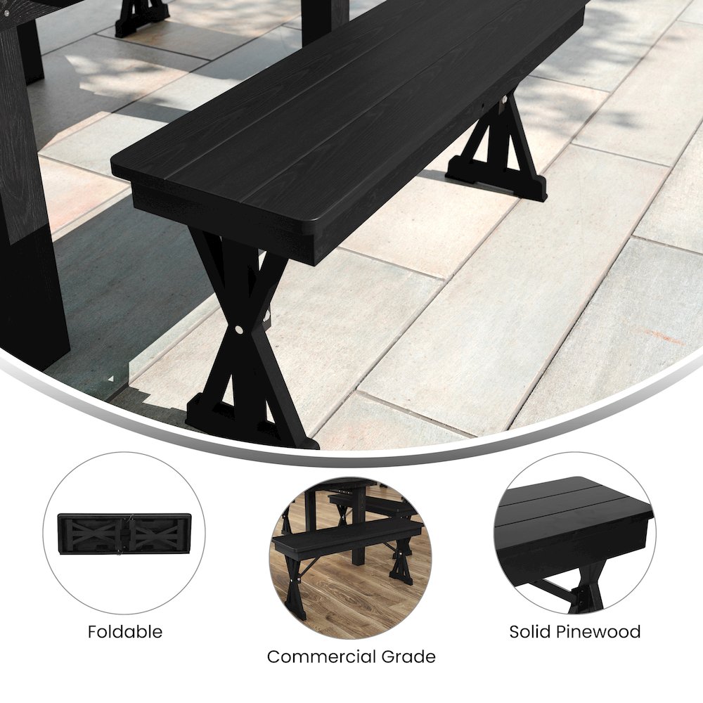 40″ x 12″ Black Wash Antique Solid Pine Farmhouse Folding Bench