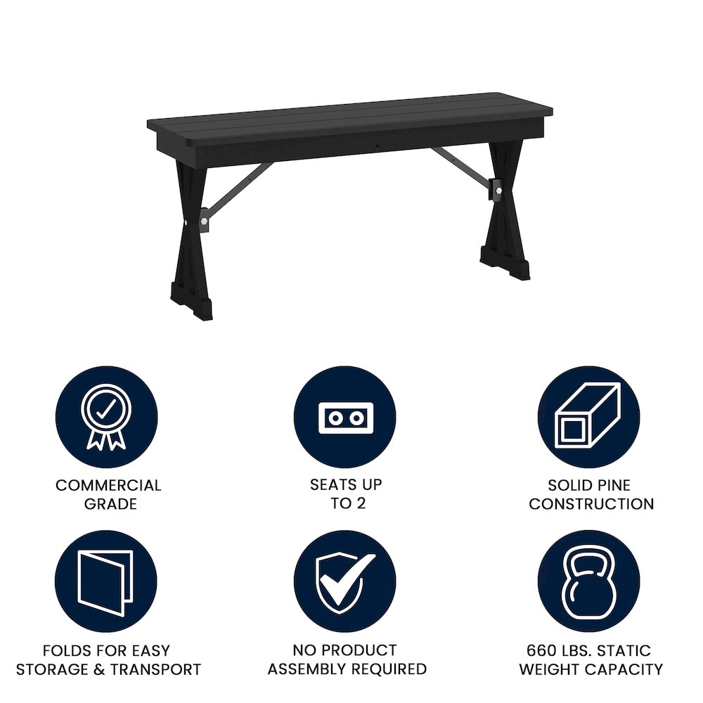 40″ x 12″ Black Wash Antique Solid Pine Farmhouse Folding Bench