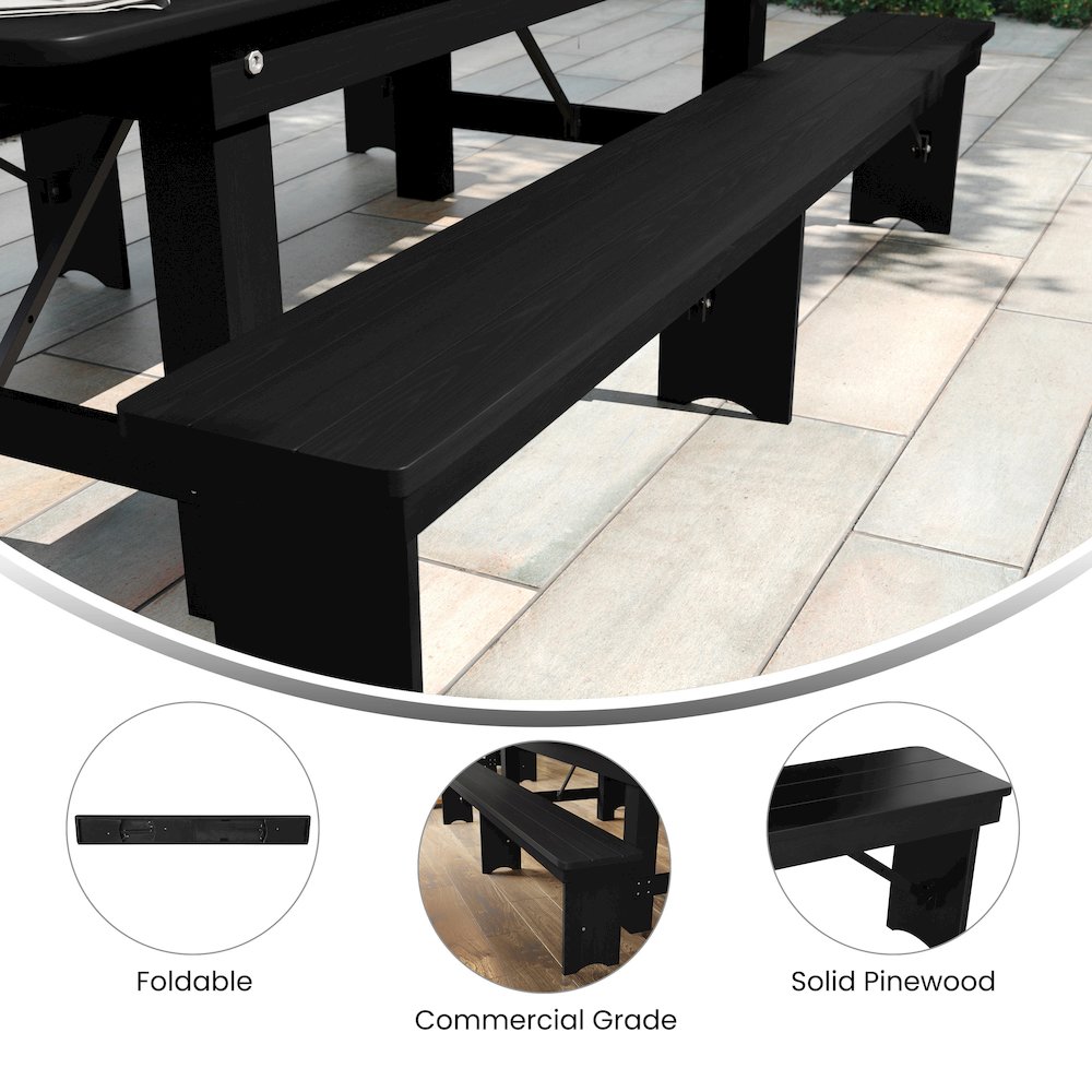 8′ x 12” Black Wash Antique Solid Pine Farmhouse Folding Bench