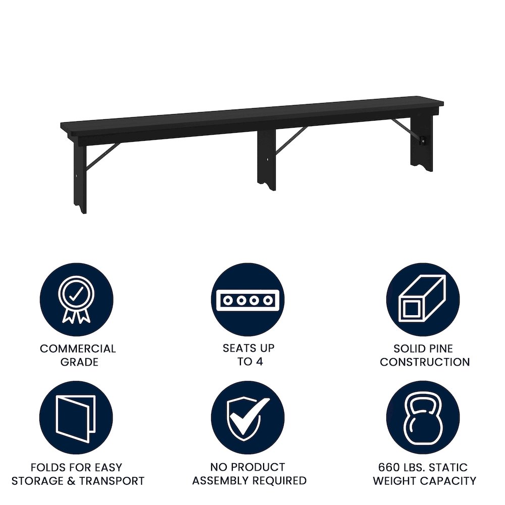 8′ x 12” Black Wash Antique Solid Pine Farmhouse Folding Bench