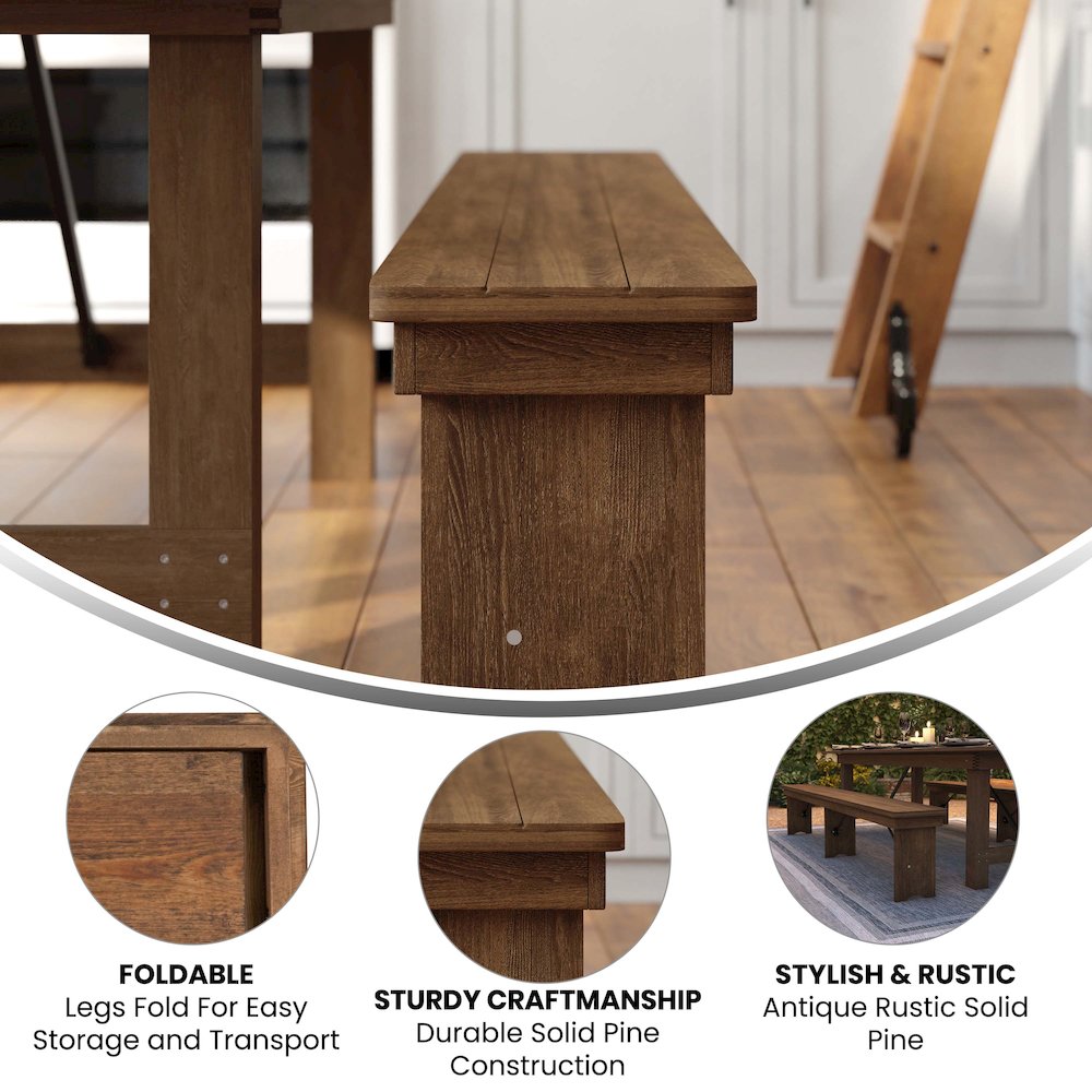 8′ x 12” Antique Rustic Solid Pine Folding Farm Bench with 3 Legs