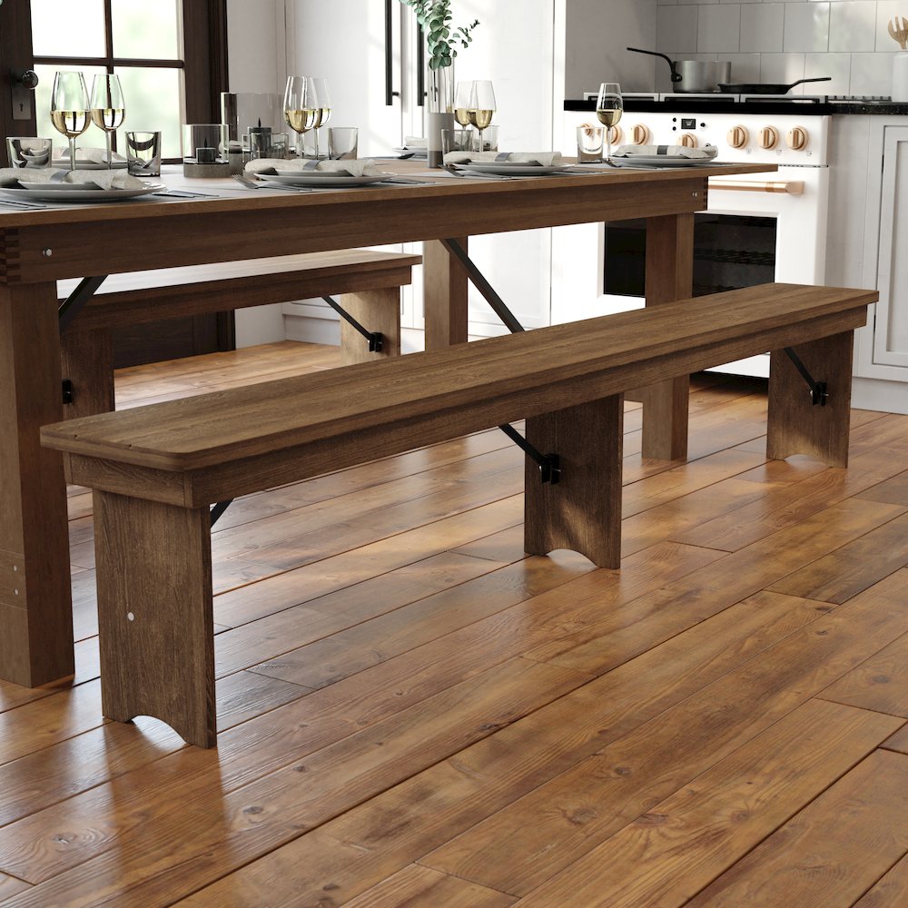 8′ x 12” Antique Rustic Solid Pine Folding Farm Bench with 3 Legs