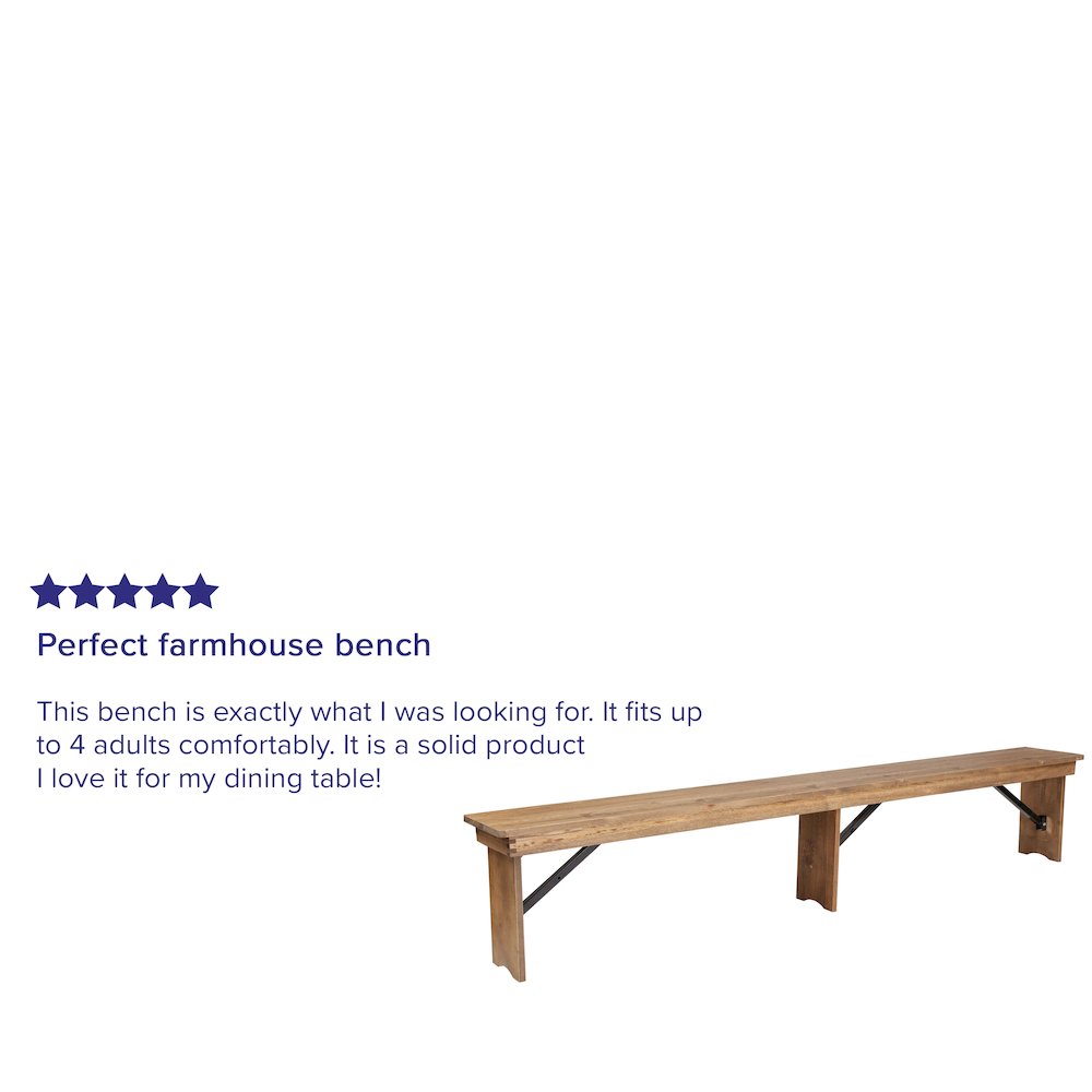 8′ x 12” Antique Rustic Solid Pine Folding Farm Bench with 3 Legs
