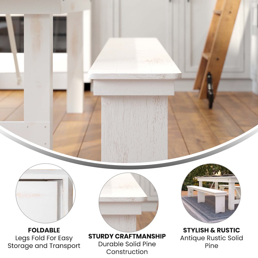 8′ x 12″ Antique Rustic Solid White Pine Folding Farm Bench with 3 Legs