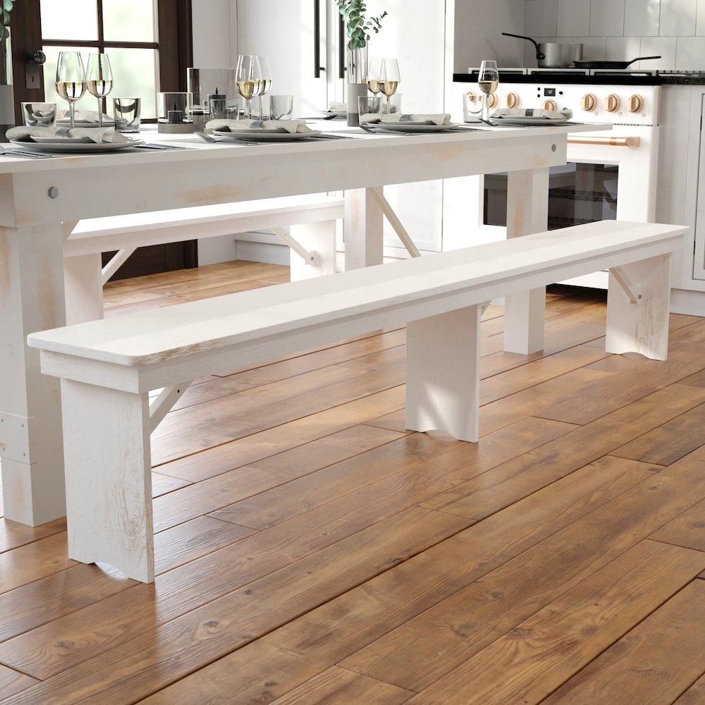 8′ x 12″ Antique Rustic Solid White Pine Folding Farm Bench with 3 Legs