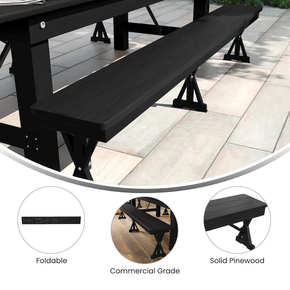 8′ x 12” Black Wash Antique Solid Pine Farmhouse Folding Bench