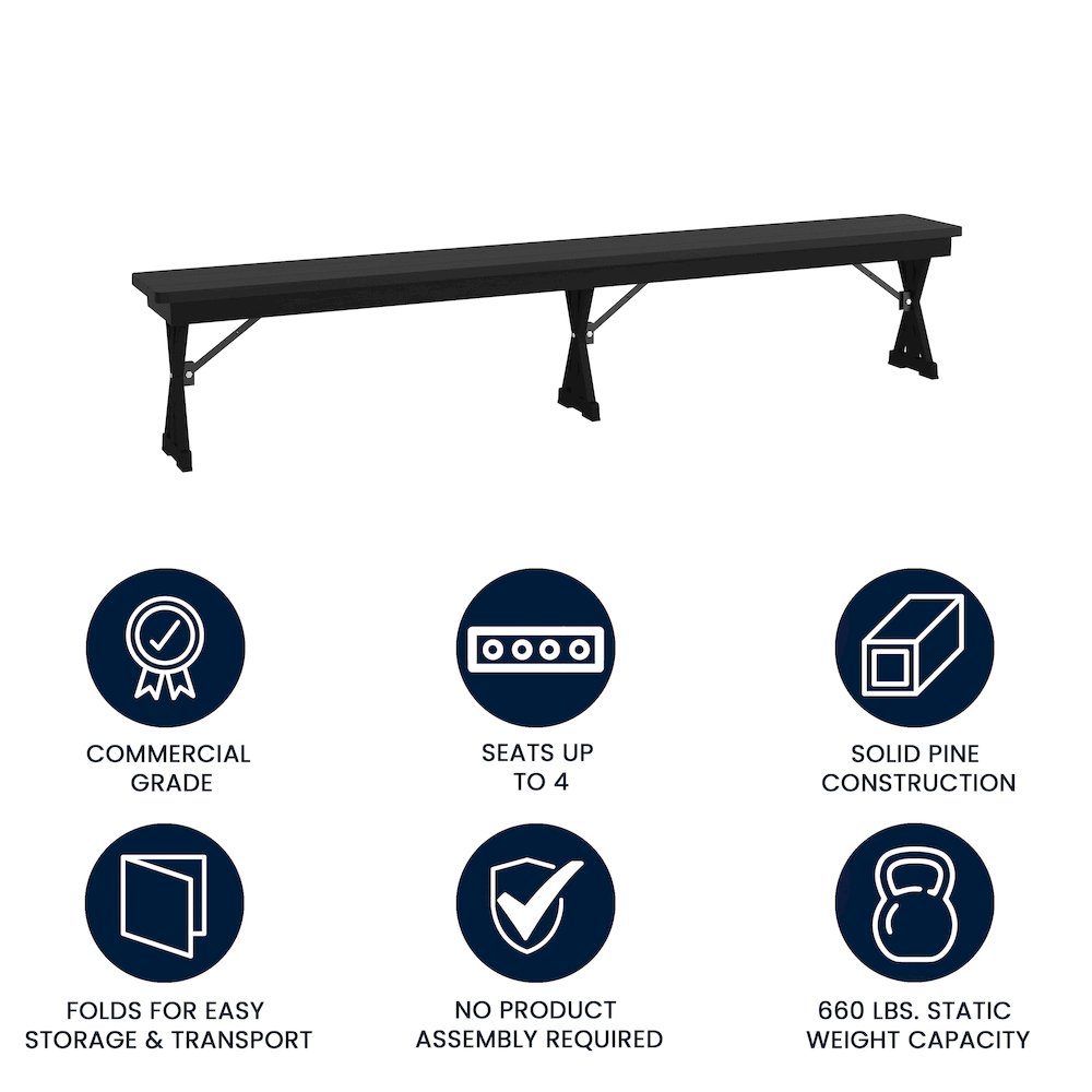 8′ x 12” Black Wash Antique Solid Pine Farmhouse Folding Bench