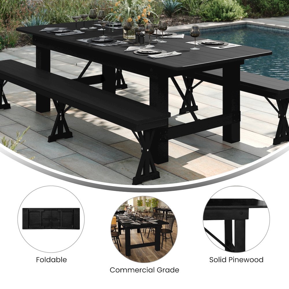9’x 40″ Rectangular Black Wash Farmhouse Folding Table