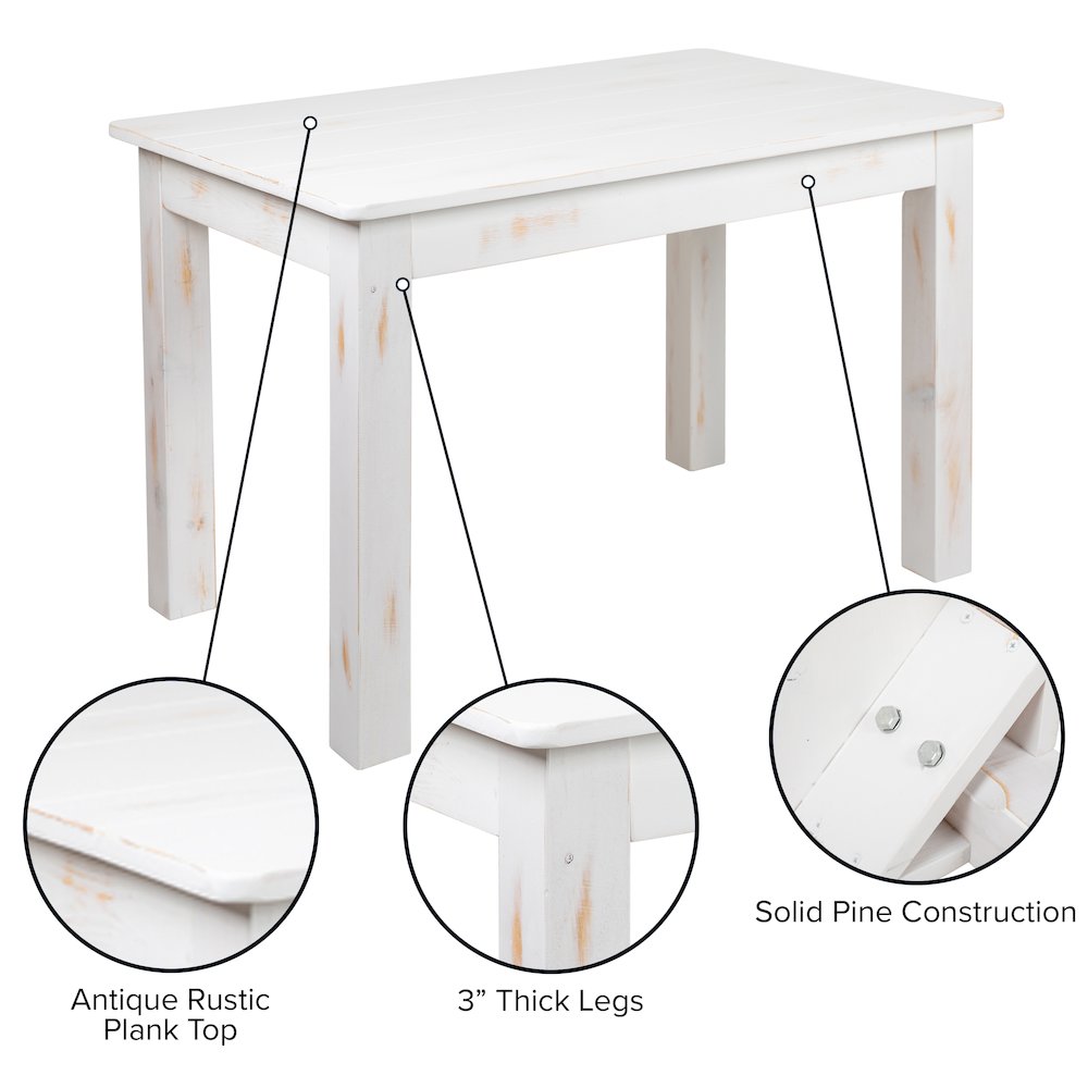 46″ x 30″ Rectangular Antique Rustic White Solid Pine Farm Dining Table