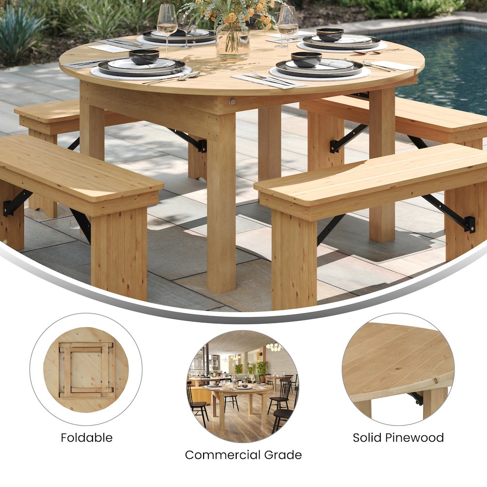 60″ Round Light Natural Farmhouse Folding Table