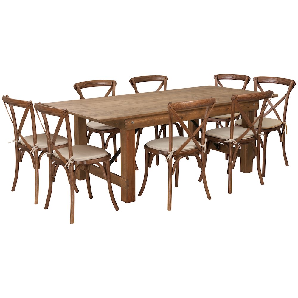 7′ x 40” Antique Folding Farm Table Set with 8 Cross Back Chairs and Cushions