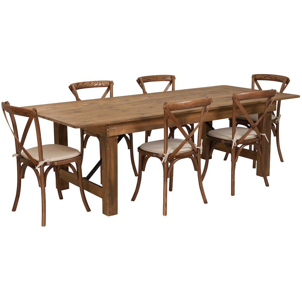 8′ x 40” Antique Folding Farm Table Set with 6 Cross Back Chairs and Cushions