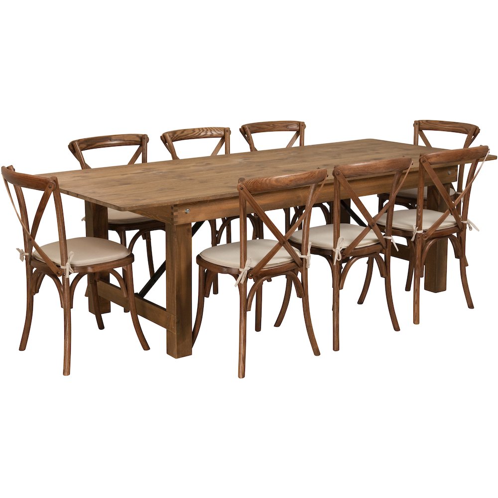 8′ x 40” Antique Folding Farm Table Set with 8 Cross Back Chairs and Cushions