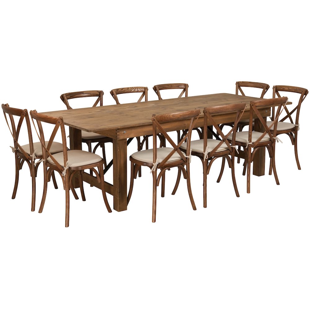 8′ x 40” Antique Folding Farm Table Set with 10 Cross Back Chairs and Cushions