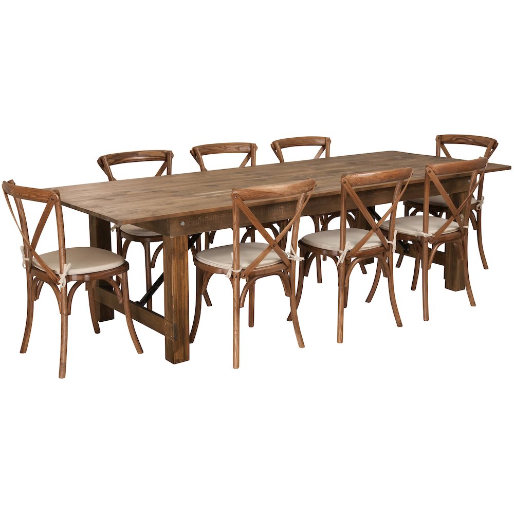 9′ x 40” Antique Folding Farm Table Set with 8 Cross Back Chairs and Cushions