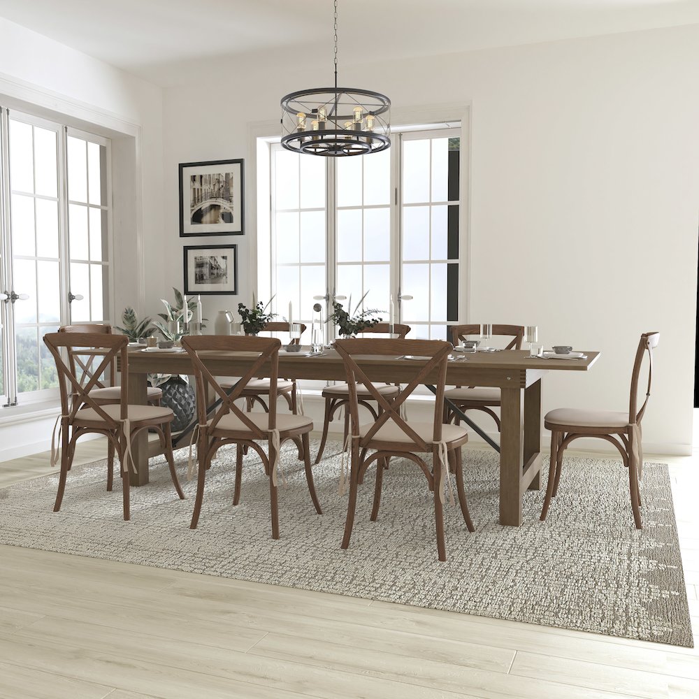 9′ x 40” Antique Folding Farm Table Set with 8 Cross Back Chairs and Cushions
