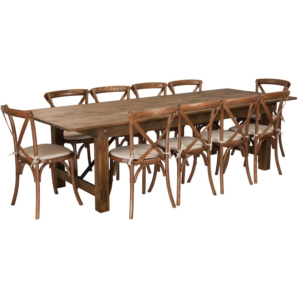 9′ x 40” Antique Folding Farm Table Set with 10 Cross Back Chairs and Cushions