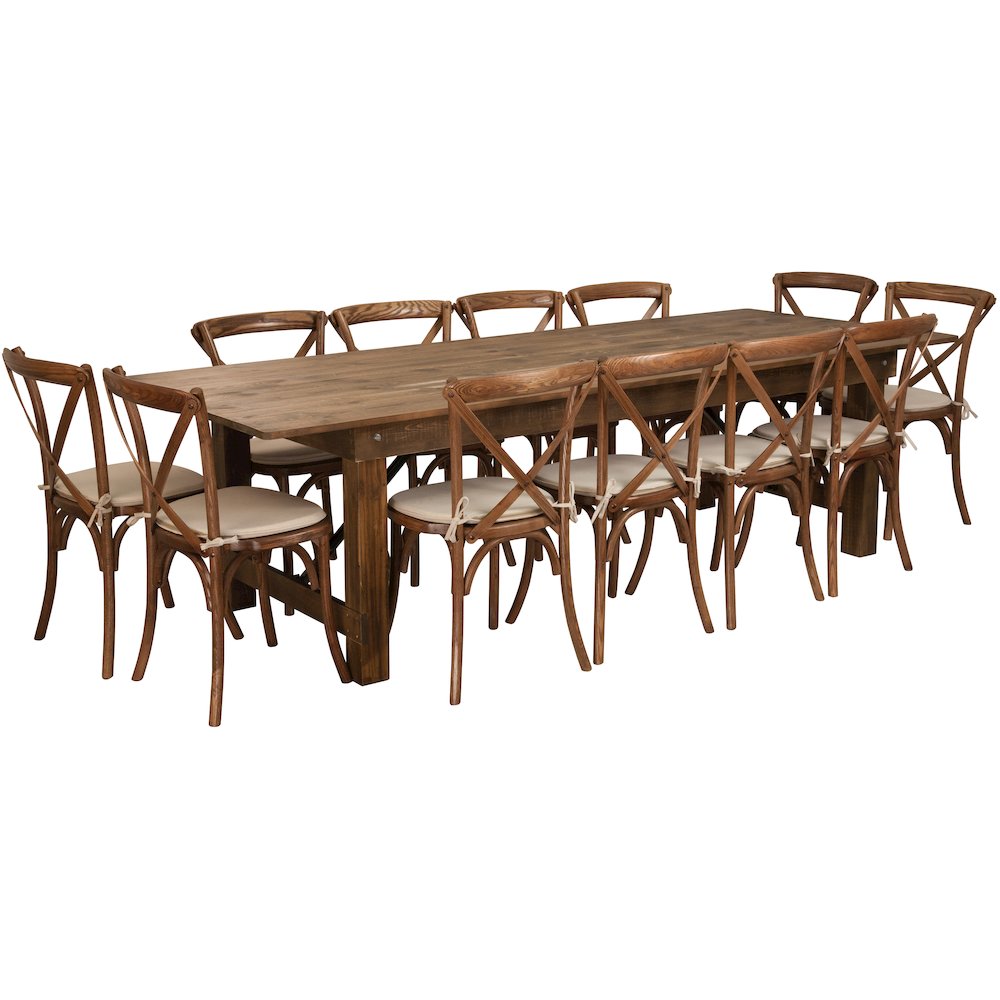 9′ x 40” Antique Folding Farm Table Set with 12 Cross Back Chairs and Cushions