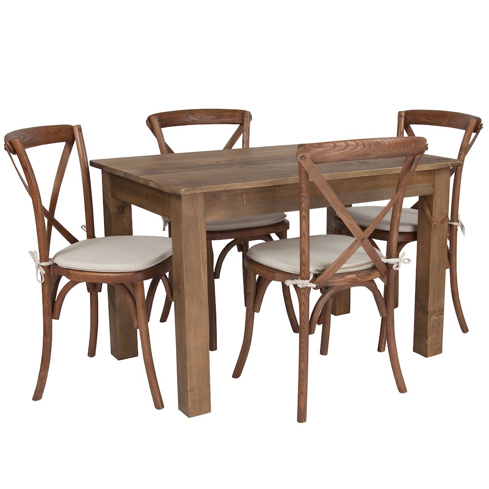 46″ x 30″ Antique Rustic Farm Table Set with 4 Cross Back Chairs and Cushions
