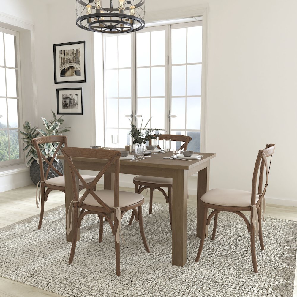 46″ x 30″ Antique Rustic Farm Table Set with 4 Cross Back Chairs and Cushions