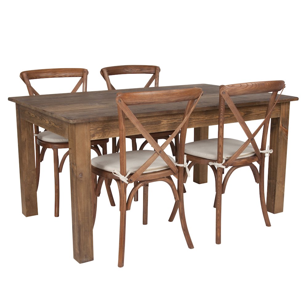 60″ x 38″ Antique Rustic Farm Table Set with 4 Cross Back Chairs and Cushions