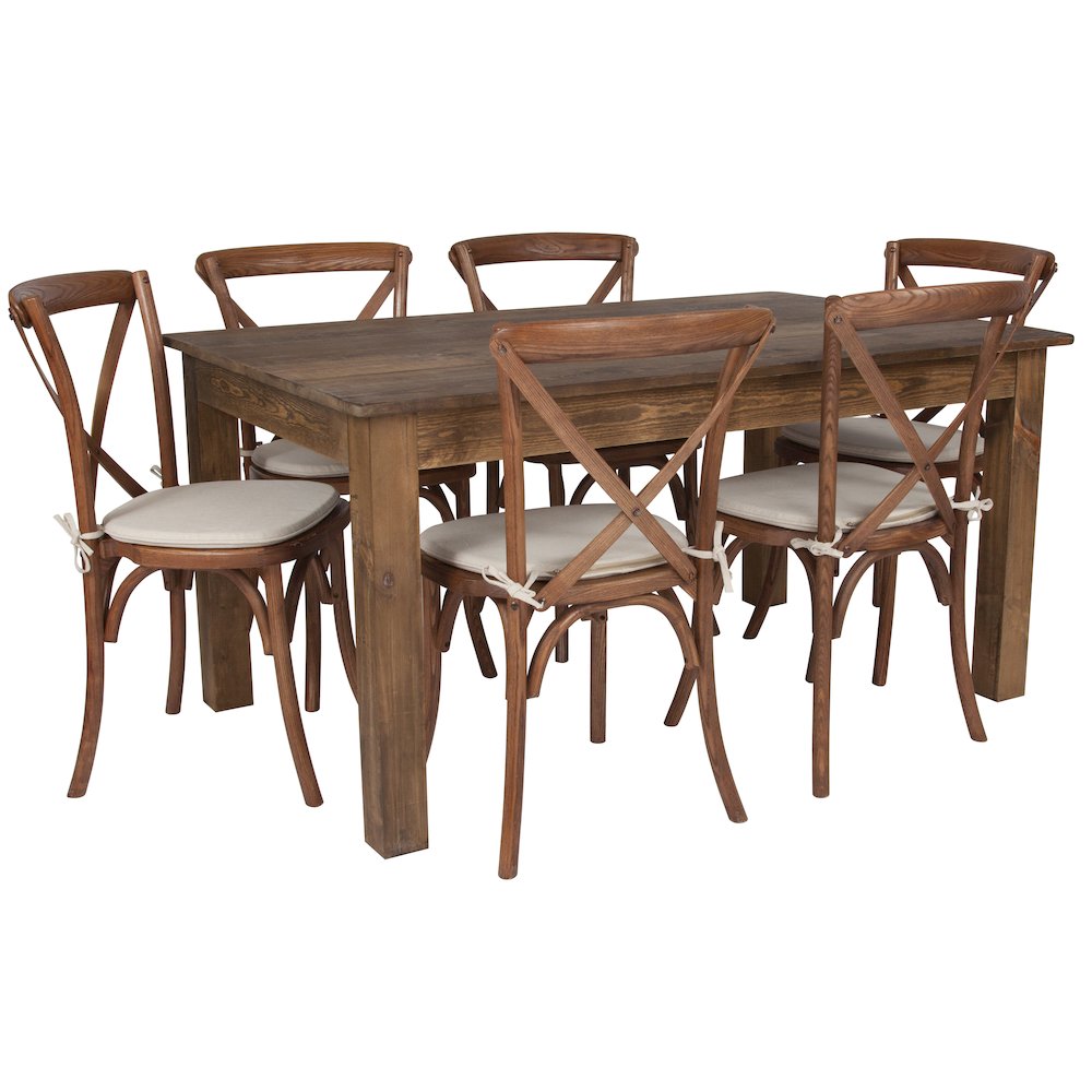 60″ x 38″ Antique Rustic Farm Table Set with 6 Cross Back Chairs and Cushions