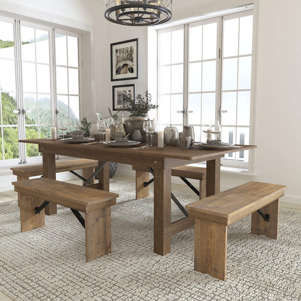 7′ x 40” Antique Rustic Folding Farm Table and Four Bench Set