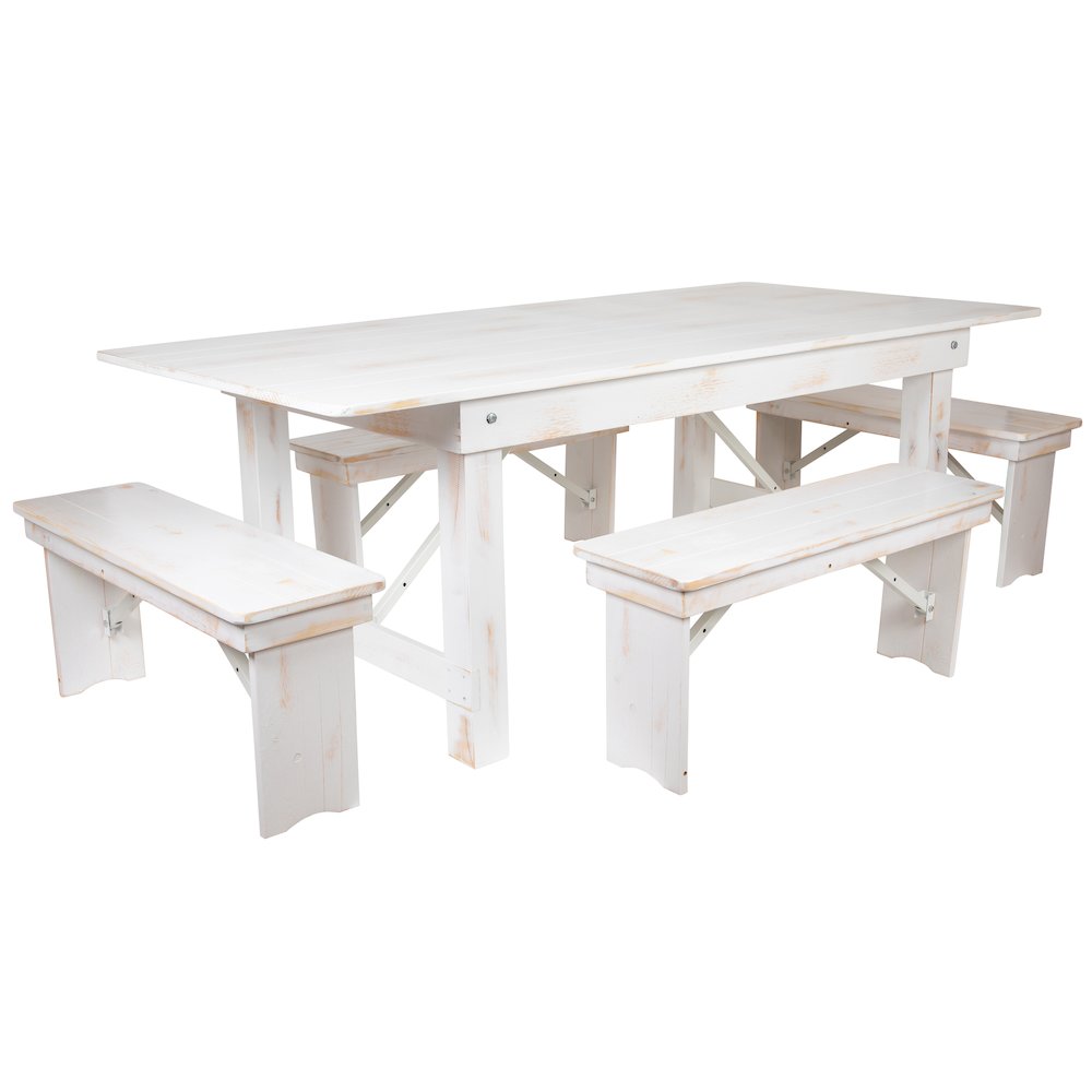 7′ x 40″ Antique Rustic White Folding Farm Table and Four Bench Set