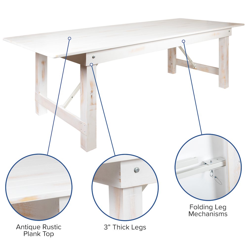 7′ x 40″ Antique Rustic White Folding Farm Table and Four Bench Set