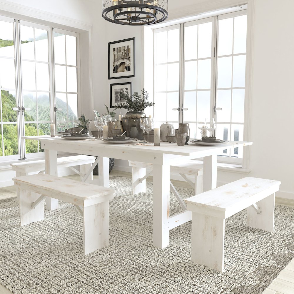7′ x 40″ Antique Rustic White Folding Farm Table and Four Bench Set
