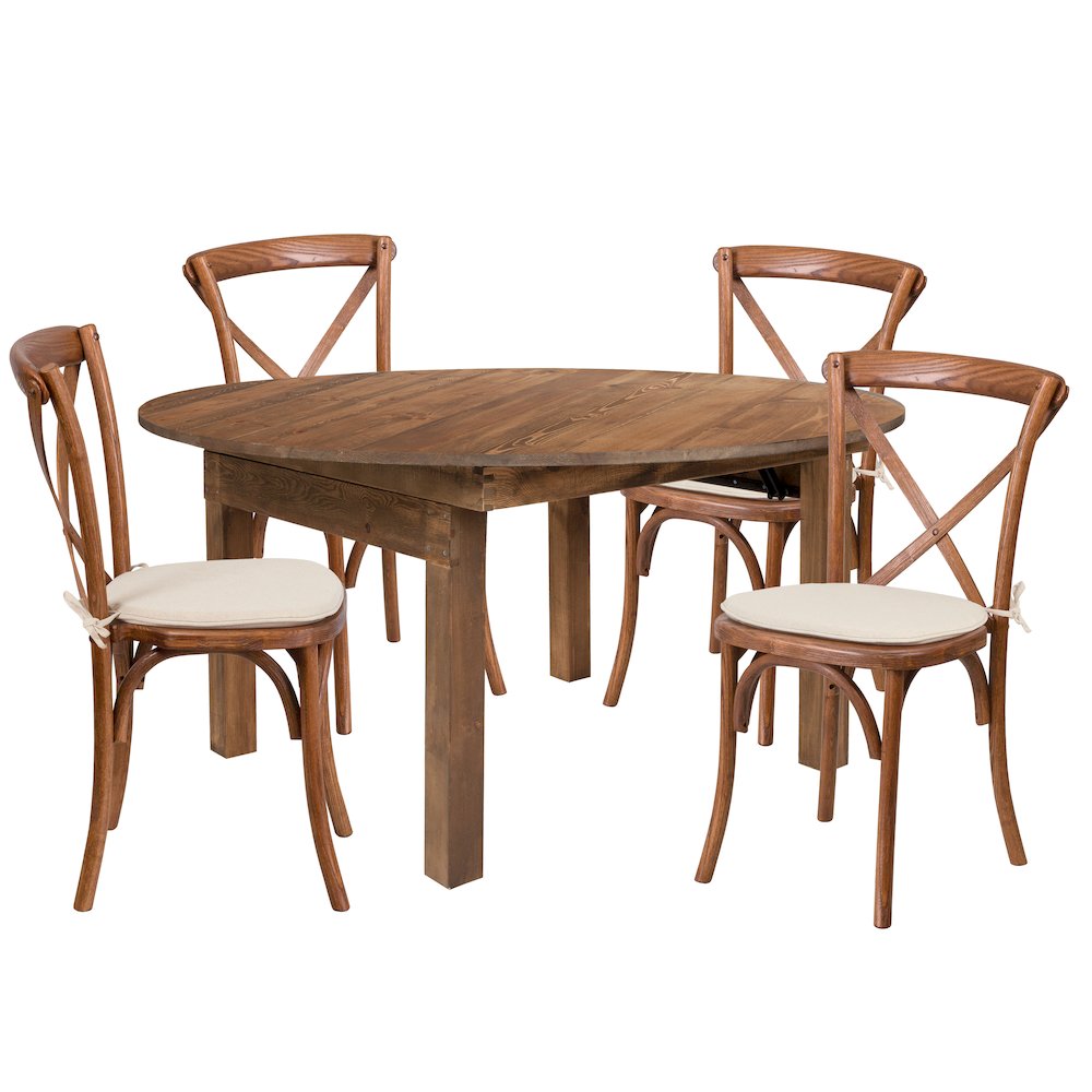 60″ Solid Pine Folding Dining Table Set with 4 Cross Back Chairs and Cushions
