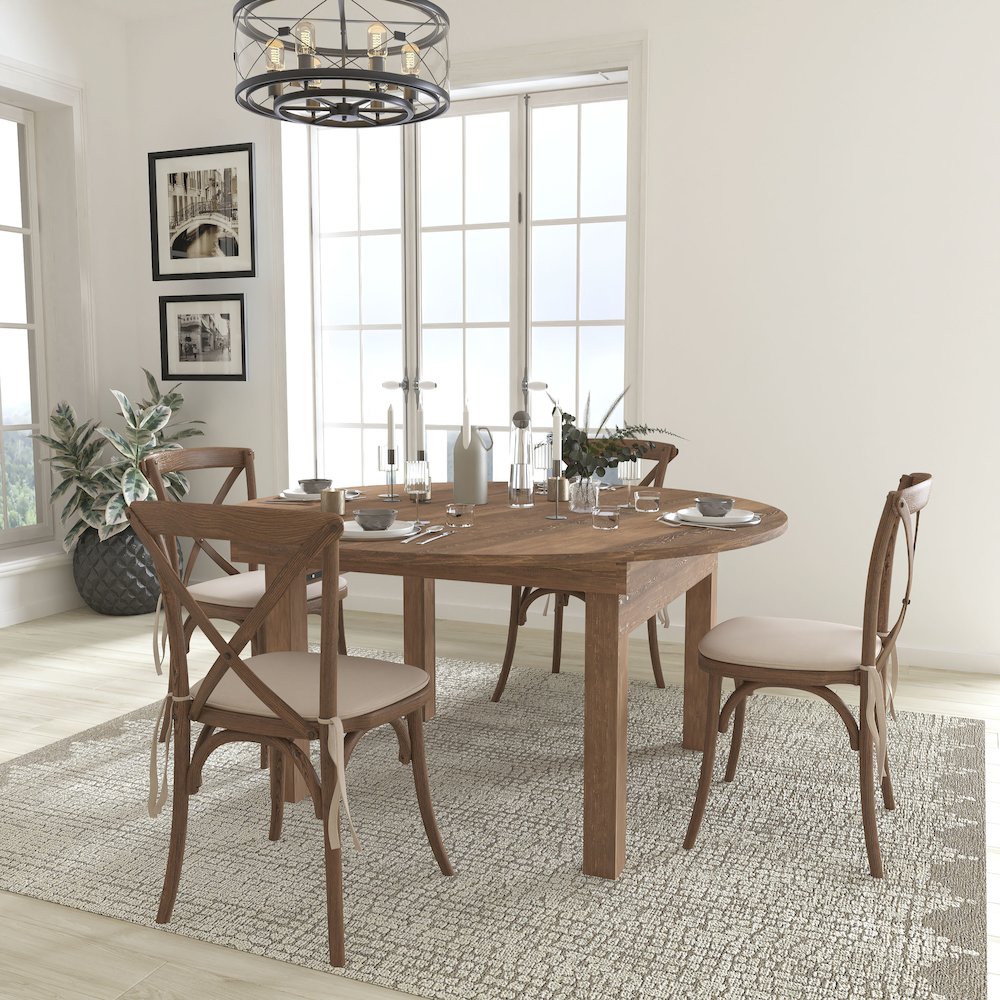 60″ Solid Pine Folding Dining Table Set with 4 Cross Back Chairs and Cushions
