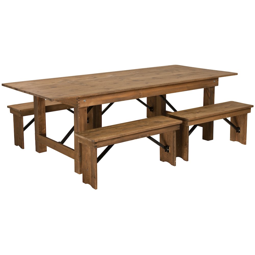 8′ x 40” Antique Rustic Folding Farm Table and Four 40.25″L Bench Set