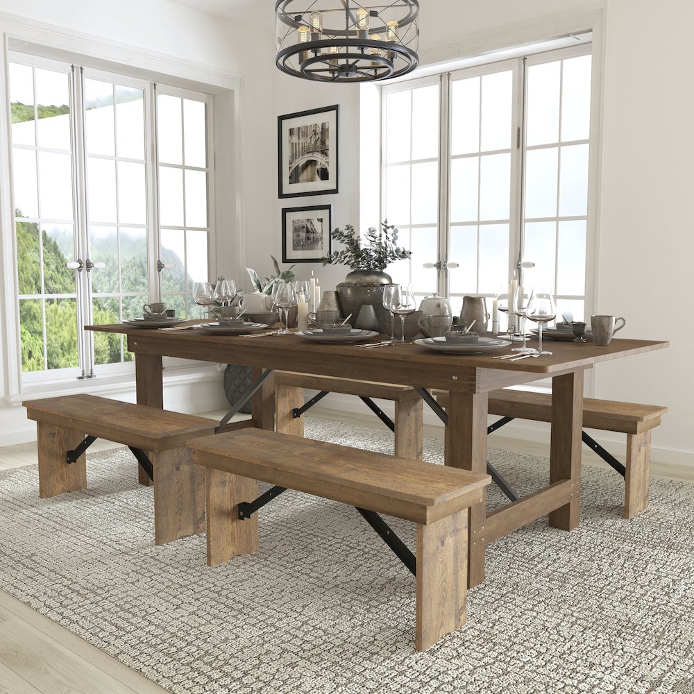 8′ x 40” Antique Rustic Folding Farm Table and Four 40.25″L Bench Set