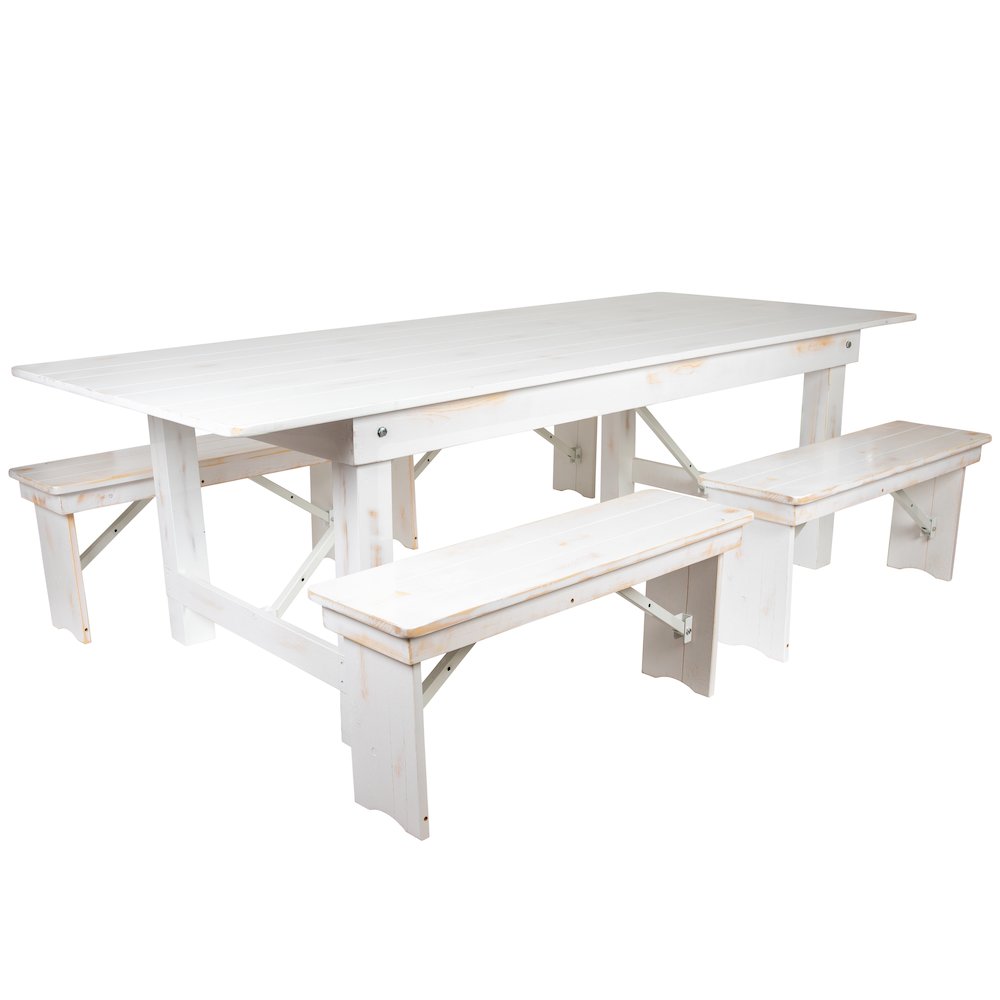 8′ x 40″ Antique Rustic White Folding Farm Table and Four 40.25″L Bench Set