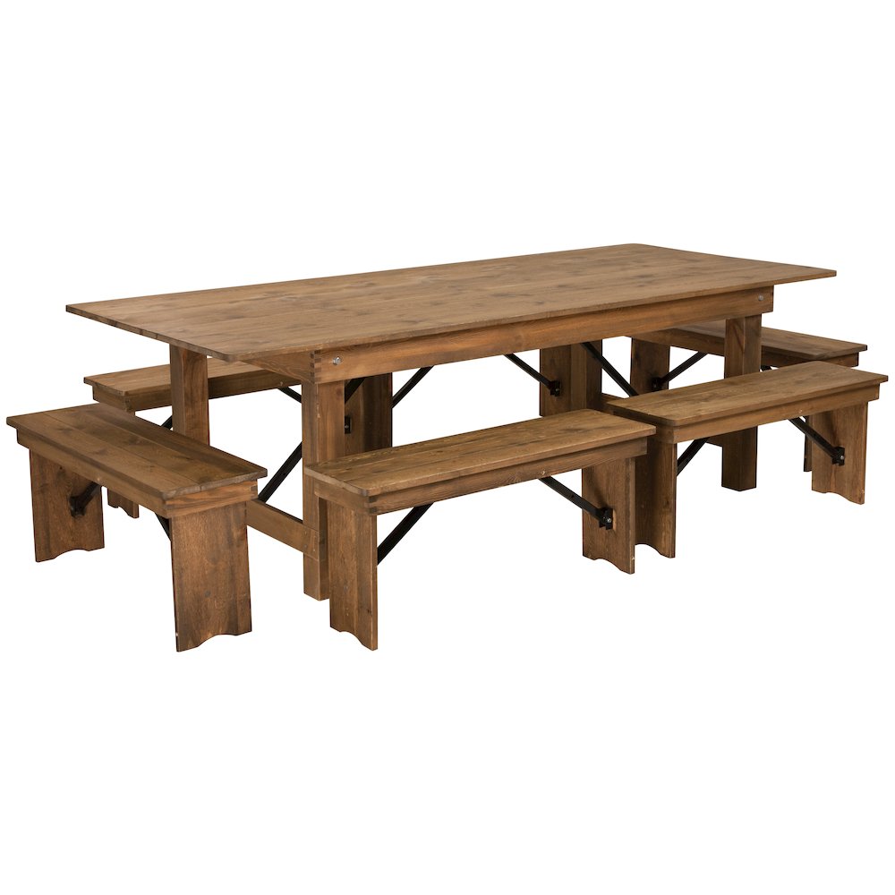 8′ x 40” Antique Rustic Folding Farm Table and Six Bench Set