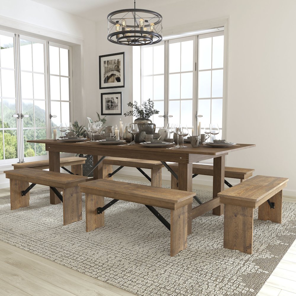 8′ x 40” Antique Rustic Folding Farm Table and Six Bench Set