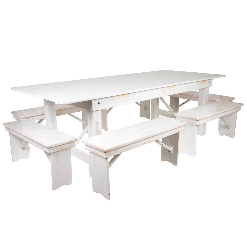 8′ x 40″ Antique Rustic White Folding Farm Table and Six Bench Set