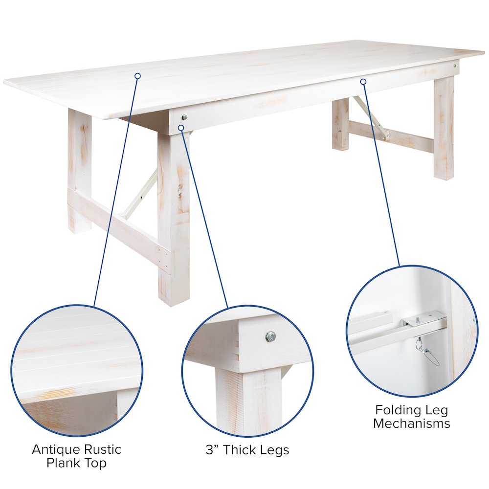 8′ x 40″ Antique Rustic White Folding Farm Table and Six Bench Set