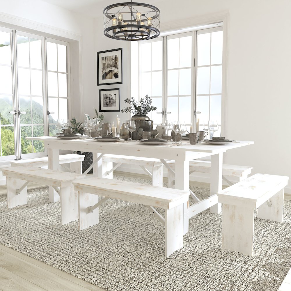 8′ x 40″ Antique Rustic White Folding Farm Table and Six Bench Set